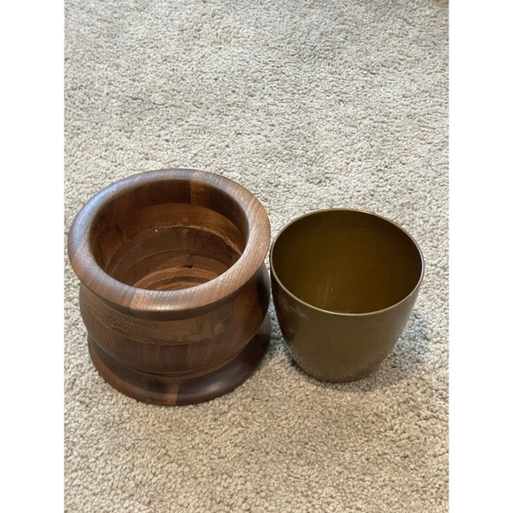 Mid Century Modern Wood Ice Bucket Container Brass Tone Insert Barware - Picture 5 of 5